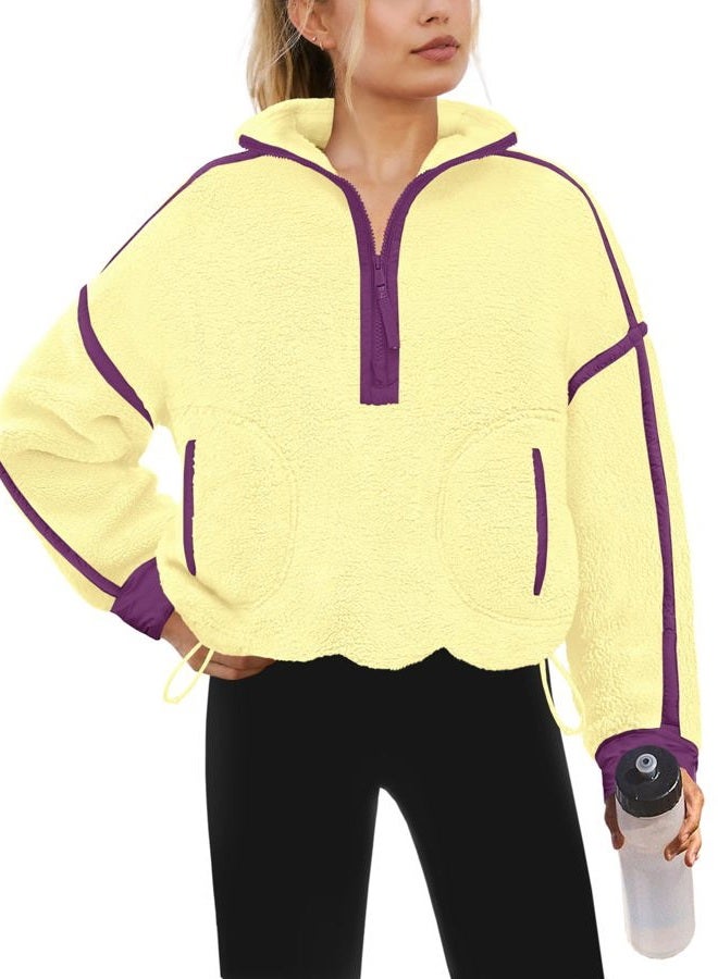 Yanekop Womens Quarter Zip Pullover Sherpa Fleece Jacket Oversized Zip Up Sweatshirt Half Zip Pullover Fuzzy Outerwear, Yellow Purple Combo, S - Image 1