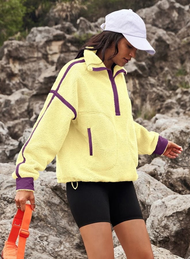 Yanekop Womens Quarter Zip Pullover Sherpa Fleece Jacket Oversized Zip Up Sweatshirt Half Zip Pullover Fuzzy Outerwear, Yellow Purple Combo, S - Image 4