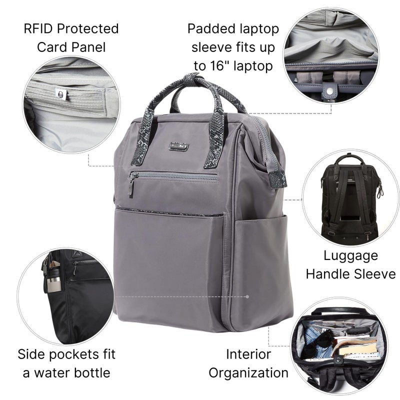 Baggallini Soho Backpack - Travel Laptop Backpack for Women - Lightweight Water-Resistant Luggage Bag, Smoke/Faux Python - Image 3