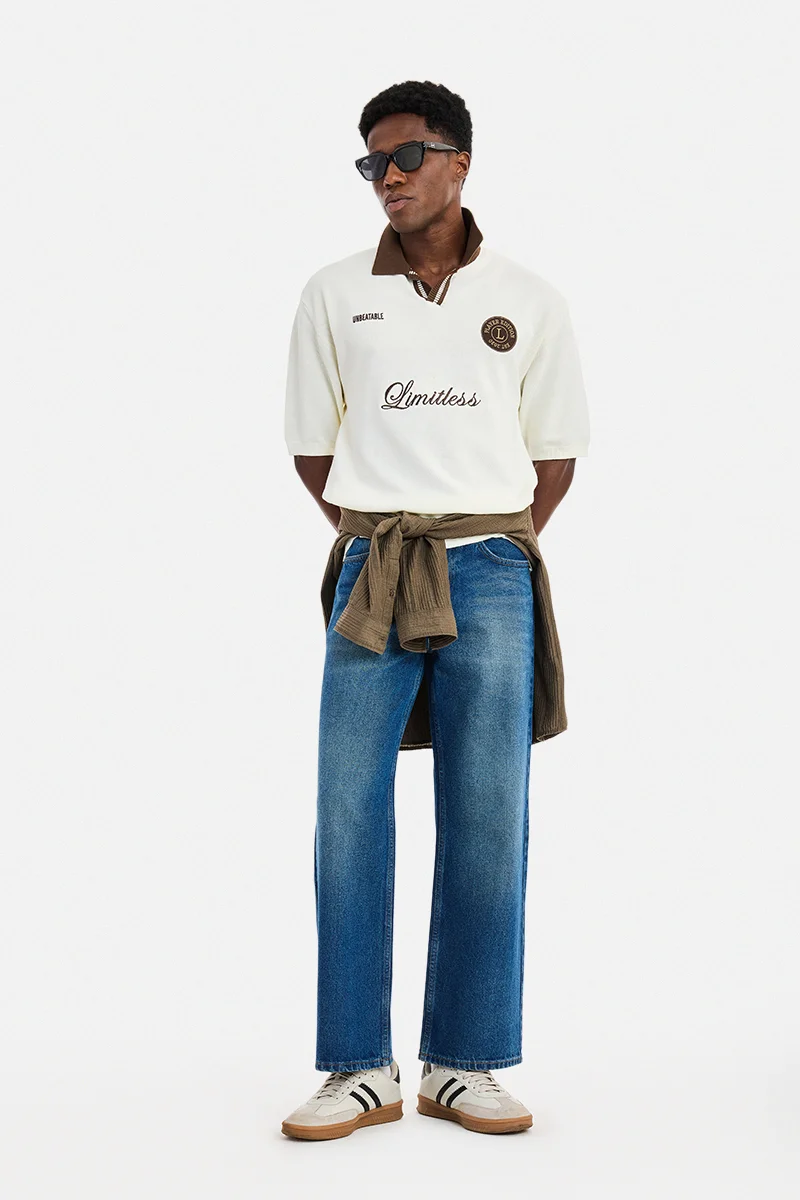 SNITCH Off-White Embroidered Half Sleeve Oversized Streetwear T-Shirt