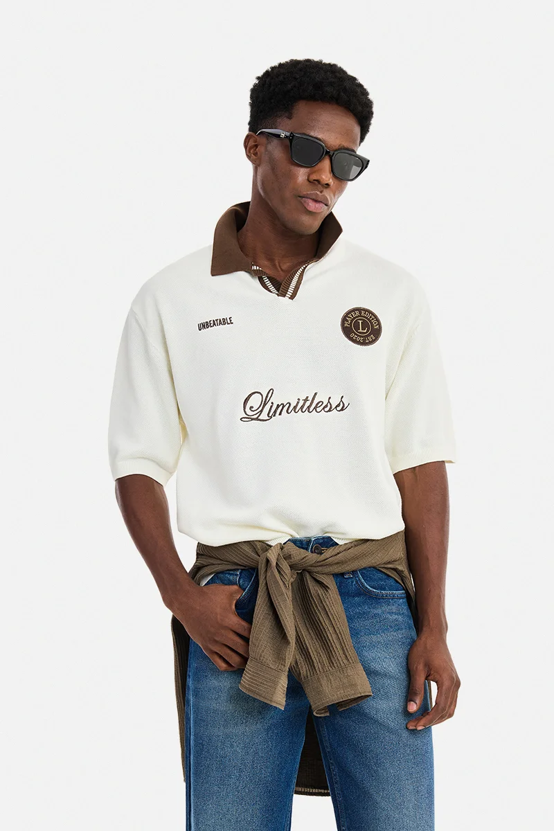SNITCH Off-White Embroidered Half Sleeve Oversized Streetwear T-Shirt