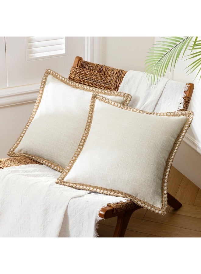 Phantoscope Phantoscope Pack of 2 Farmhouse Decorative Throw Pillow Covers Burlap Linen Trimmed Tailored Edges Off White 18 x 18 inches, 45 x 45 cm - Image 1