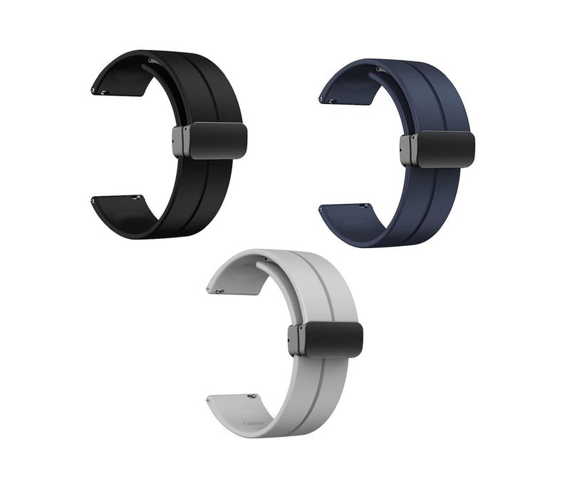 INEFABLE 20mm Watch Straps with Folding Magnetic Lock Compatible with Amazfit GTS 2 Mini/Amazfit Bip/Pro/Lite/Bip S/GTR/Galaxy Watch 4/Watch 5 & All 20mm Watches-Black/Blue/Grey-Pack of 3 - Image 1