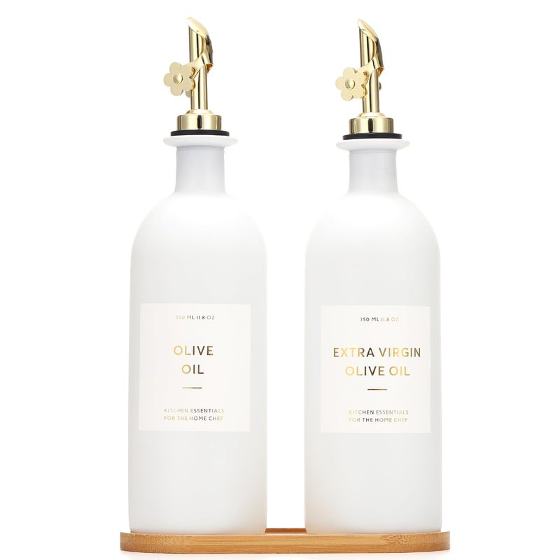 HOMCDALY Olive Oil Dispenser for Kitchen 16oz Glass Oil Bottles with Bamboo Tray Gold OilVinegar Cruet Set Kitchen Dispenser Bottles with Pourer Set of 2 16oz Gold