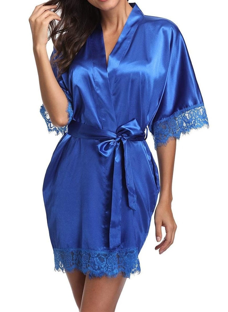 VITION Sleepwear Night Gown Set for Girl Women Underwear Lace Briefs and Longwear Robe Soft Silky (XL) Blue - Image 1