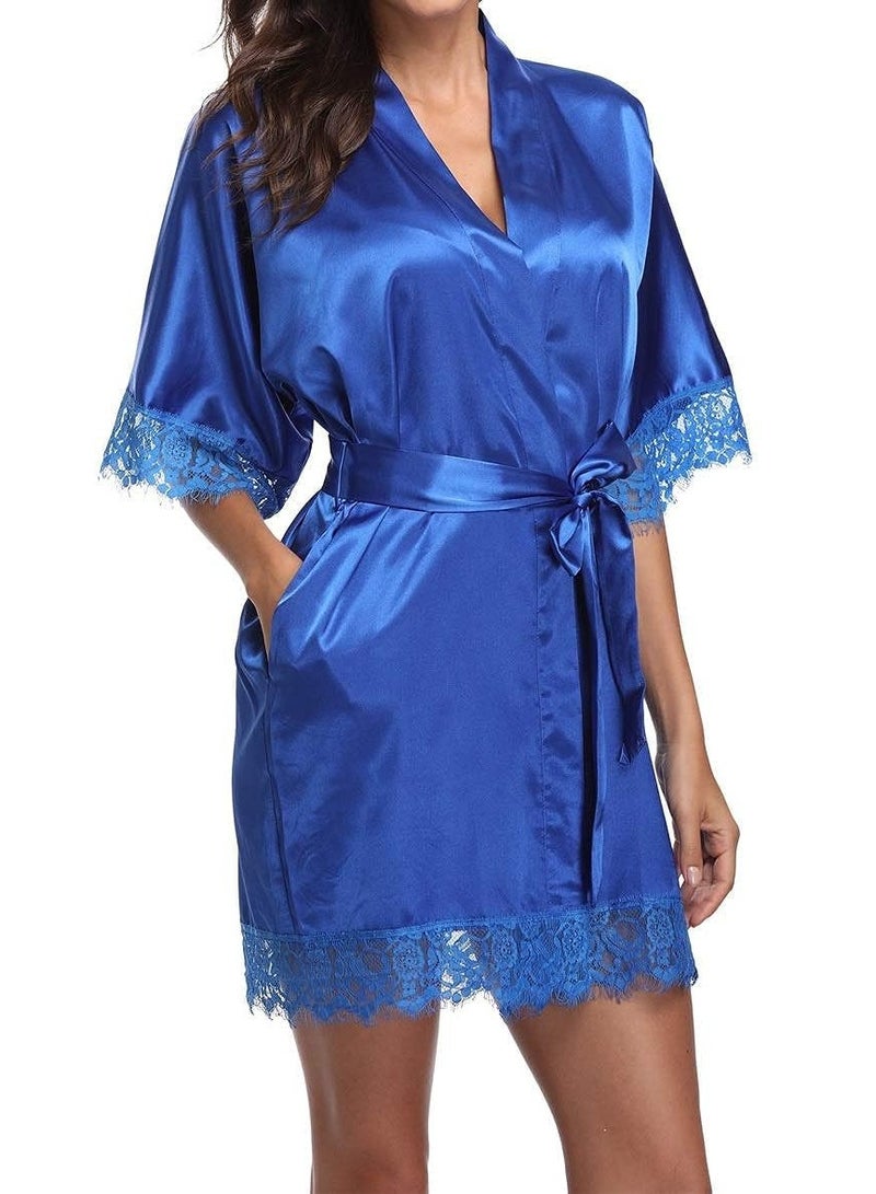 VITION Sleepwear Night Gown Set for Girl Women Underwear Lace Briefs and Longwear Robe Soft Silky (XL) Blue - Image 4