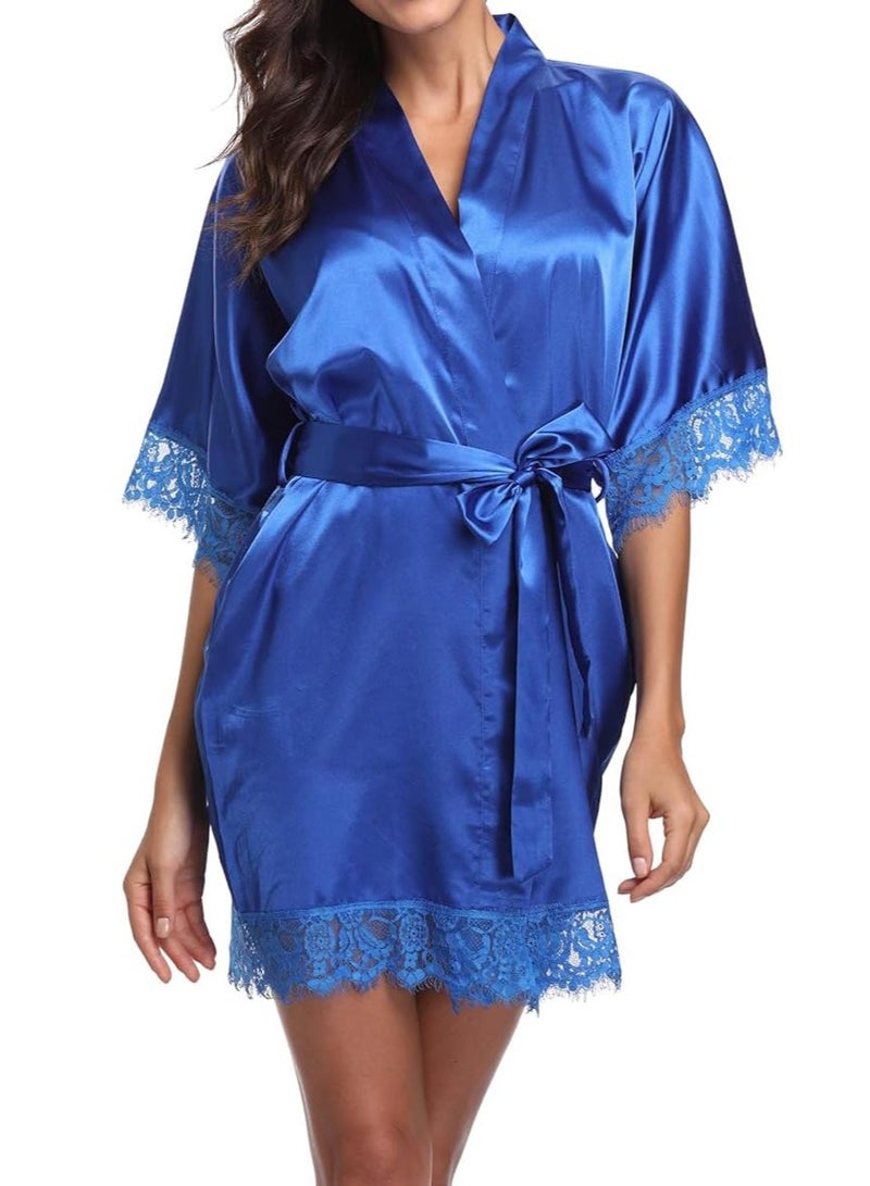 VITION Sleepwear Night Gown Set for Girl Women Underwear Lace Briefs and Longwear Robe Soft Silky (XL) Blue - Image 2