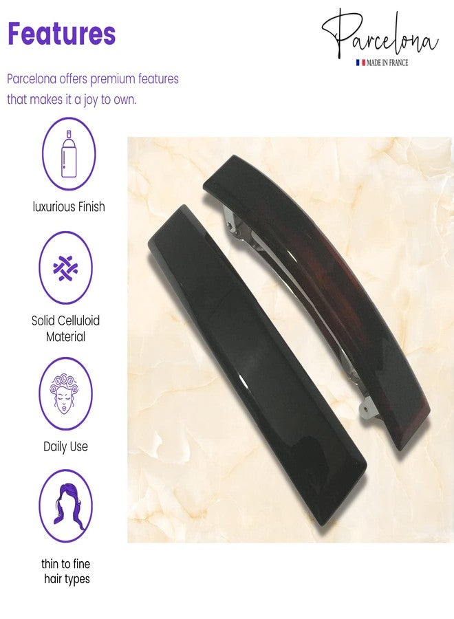 Parcelona French Bar Set of 2 Black and Shell Brown Celluloid Automatic Strong Hold Grip Hair Clips for Women No Slip Durable Hair Clip Barrette Styling Paris Hair Accessories, Made in France (Large) - Image 2