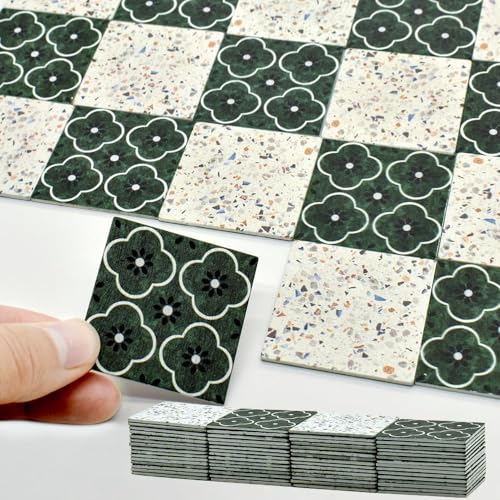 iLAND Dollhouse Flooring on 112 Scale 16 Scale Miniature Dollhouse Accessories 60pcs DoubleSided Dollhouse Floor Tiles Advanced French Green Floral Colorful Terrazzo - Image 1