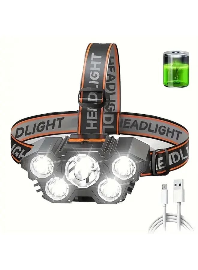 5LED مصباح رأس USB قابل لإعادة الشحن، مصباح رأس ساطع للأنشطة الخارجية للتخييم والمشي لمسافات طويلة وصيد الأسماك - Image 2