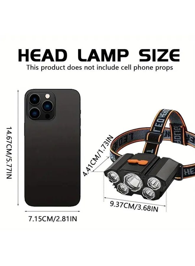 5LED مصباح رأس USB قابل لإعادة الشحن، مصباح رأس ساطع للأنشطة الخارجية للتخييم والمشي لمسافات طويلة وصيد الأسماك - Image 4