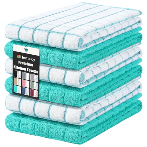 Homaxy Premium Cotton Kitchen Towels 16x 28 Large Natural Ring Spun 390 GSM Dish Towels Super Absorbent Terry Kitchen Hand Towels Soft Tea Towels with Hanging Loop Aqua Check Design 6 Pack - Image 1