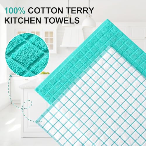 Homaxy Premium Cotton Kitchen Towels 16x 28 Large Natural Ring Spun 390 GSM Dish Towels Super Absorbent Terry Kitchen Hand Towels Soft Tea Towels with Hanging Loop Aqua Check Design 6 Pack - Image 3
