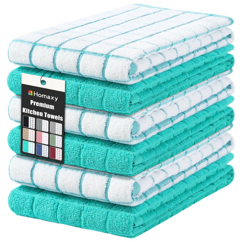 Homaxy Premium Cotton Kitchen Towels 16x 28 Large Natural Ring Spun 390 GSM Dish Towels Super Absorbent Terry Kitchen Hand Towels Soft Tea Towels with Hanging Loop Aqua Check Design 6 Pack - Image 2