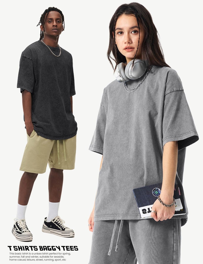 Yimoon 4 Pack Women's Oversized T-Shirts Acid Wash Boyfriend Cotton Teen Shirt Loose Fit Vintage Unisex Streetwear Tops(BlackGreyArmyBeige-L) - Image 4