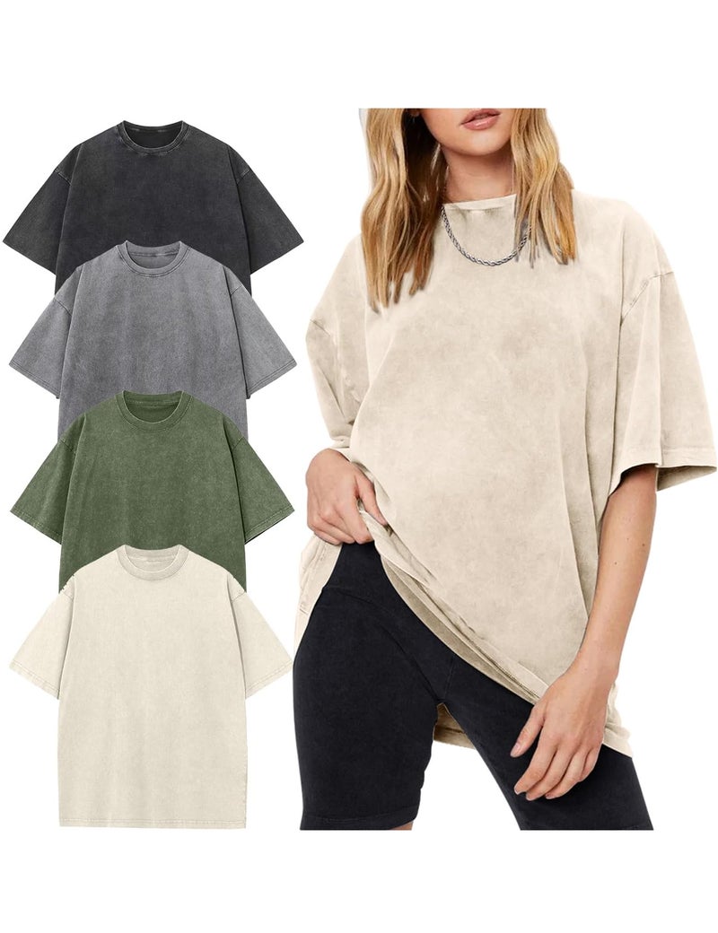 Yimoon 4 Pack Women's Oversized T-Shirts Acid Wash Boyfriend Cotton Teen Shirt Loose Fit Vintage Unisex Streetwear Tops(BlackGreyArmyBeige-L) - Image 1