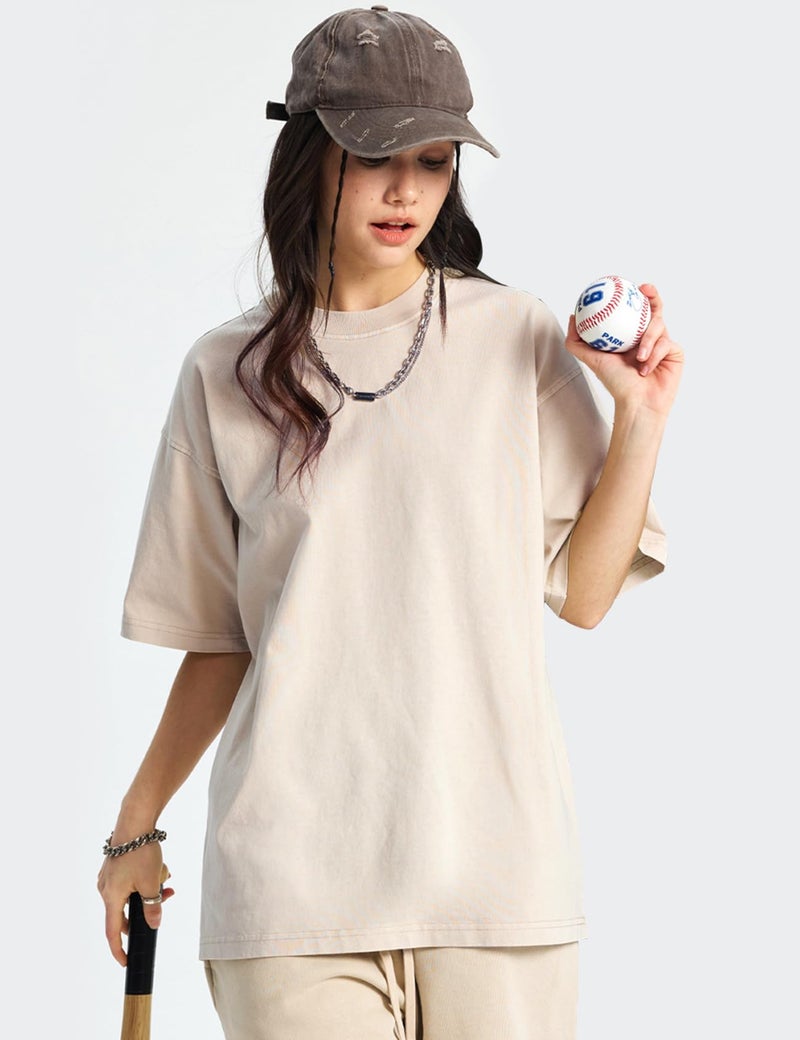 Yimoon 4 Pack Women's Oversized T-Shirts Acid Wash Boyfriend Cotton Teen Shirt Loose Fit Vintage Unisex Streetwear Tops(BlackGreyArmyBeige-L) - Image 2