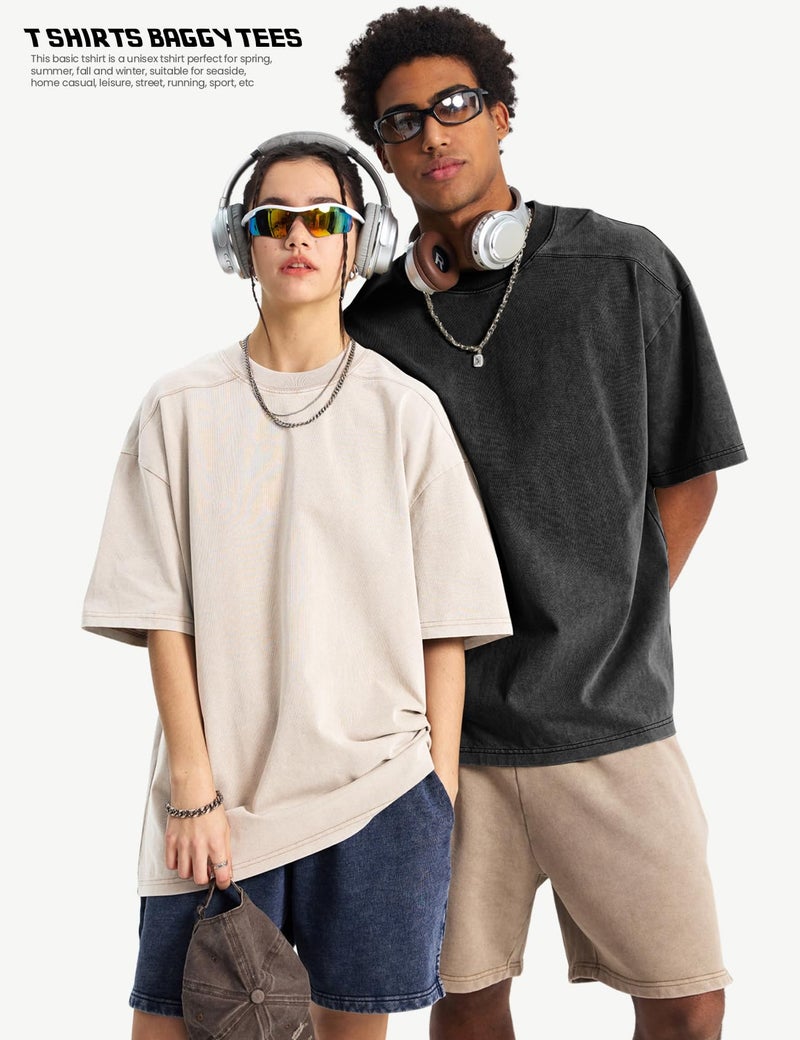 Yimoon 4 Pack Women's Oversized T-Shirts Acid Wash Boyfriend Cotton Teen Shirt Loose Fit Vintage Unisex Streetwear Tops(BlackGreyArmyBeige-L) - Image 3