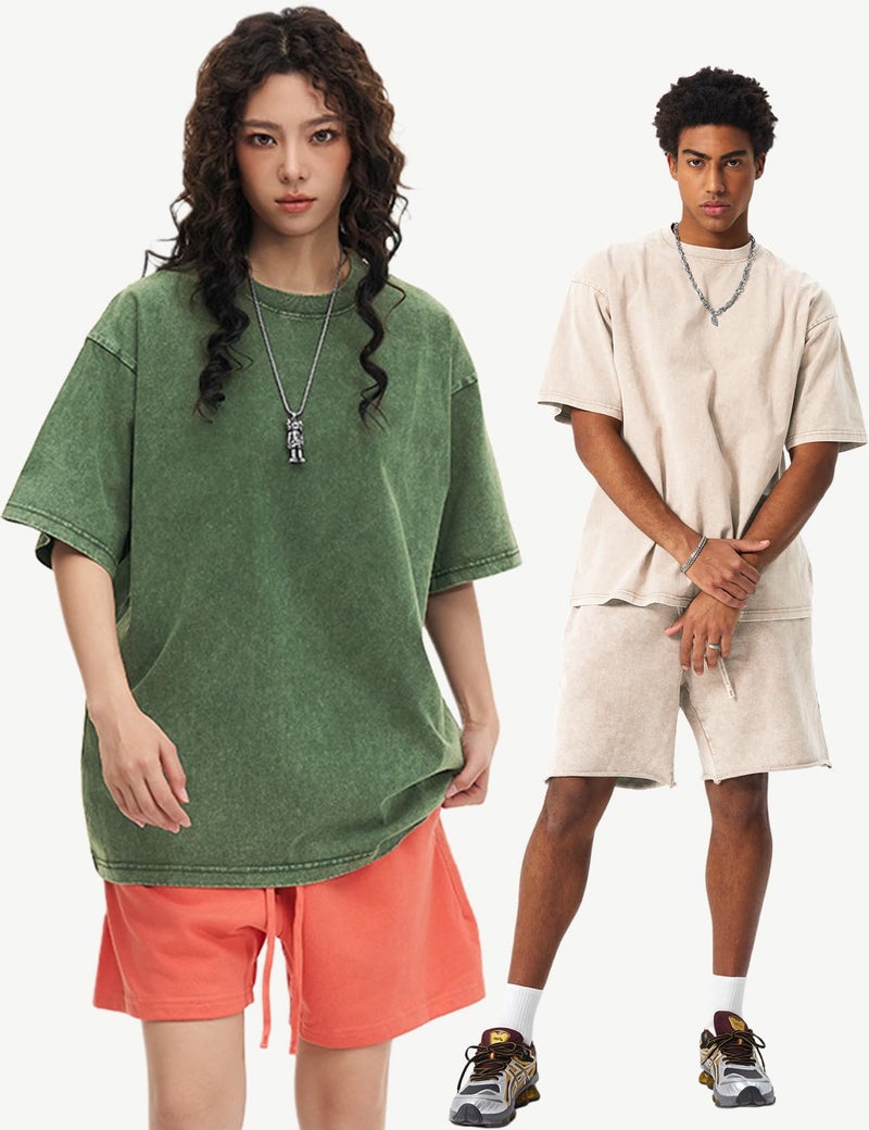 Yimoon 4 Pack Women's Oversized T-Shirts Acid Wash Boyfriend Cotton Teen Shirt Loose Fit Vintage Unisex Streetwear Tops(BlackGreyArmyBeige-L) - Image 5