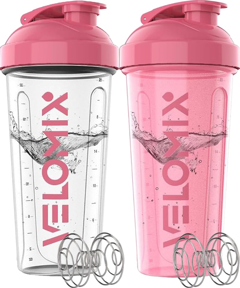 VELOMIX -2 Pack- 28 oz Protein Shaker Bottles for Protein Mixes - 2x Wire Whisk | Leak Proof Shaker Cups for Protein Shakes and Pre Workout | Protein Shaker Bottle Pack (B6) Pink/Transparent - Image 1