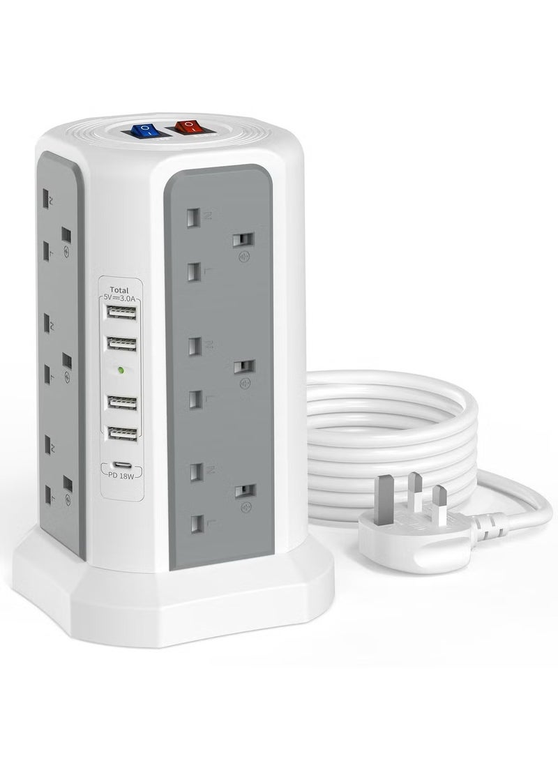 أنمي سلك تمديد برجي مع فتحات USB وشاحن سريع USB C بقدرة 18 وات (5 فولت/3.1 أمبير)، سلك تمديد برجي بمقبس متعدد القوابس، سلك تمديد بمقبس متعدد القوابس، كابل تمديد بطول 1.8 متر