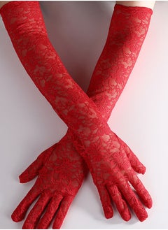 Ladies Lace Long Gloves,Women's Long Lace Gloves Floral Lace Gloves Bridal Wedding Gloves Prom Opera Mittens Fancy Dress Gloves Sun UV Protection Driving Gloves for Women（red）