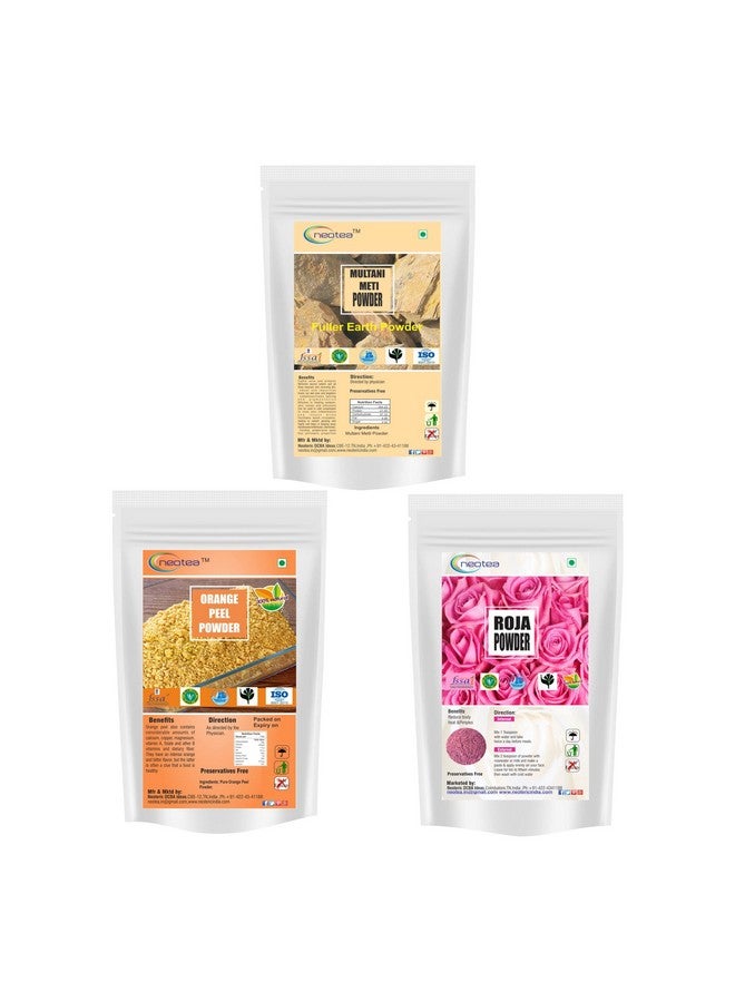 Neotea Rose Petal Powder 100gm, Multanimitti Powder 100gm & Orange Peel Powder 100 gm Combo Pack - Image 1