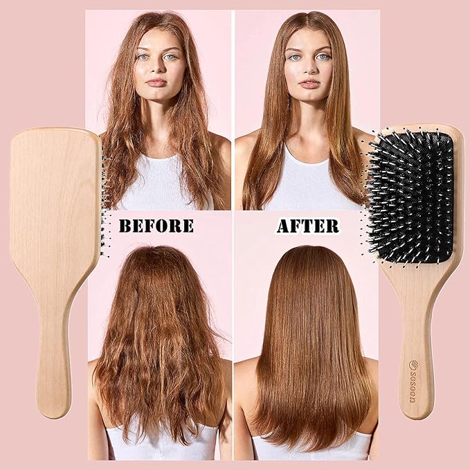 Sosoon Hair Brush Sosoon Boar Bristle Paddle Hairbrush for Long Thick Curly Wavy Dry or Damaged Hair Reducing Hair Breakage and Frizzy No More Tangle Giftbox Hair Comb Included - Image 4