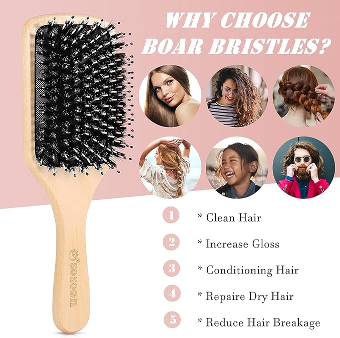 Sosoon Hair Brush Sosoon Boar Bristle Paddle Hairbrush for Long Thick Curly Wavy Dry or Damaged Hair Reducing Hair Breakage and Frizzy No More Tangle Giftbox Hair Comb Included - Image 3