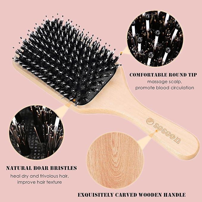 Sosoon Hair Brush Sosoon Boar Bristle Paddle Hairbrush for Long Thick Curly Wavy Dry or Damaged Hair Reducing Hair Breakage and Frizzy No More Tangle Giftbox Hair Comb Included - Image 2
