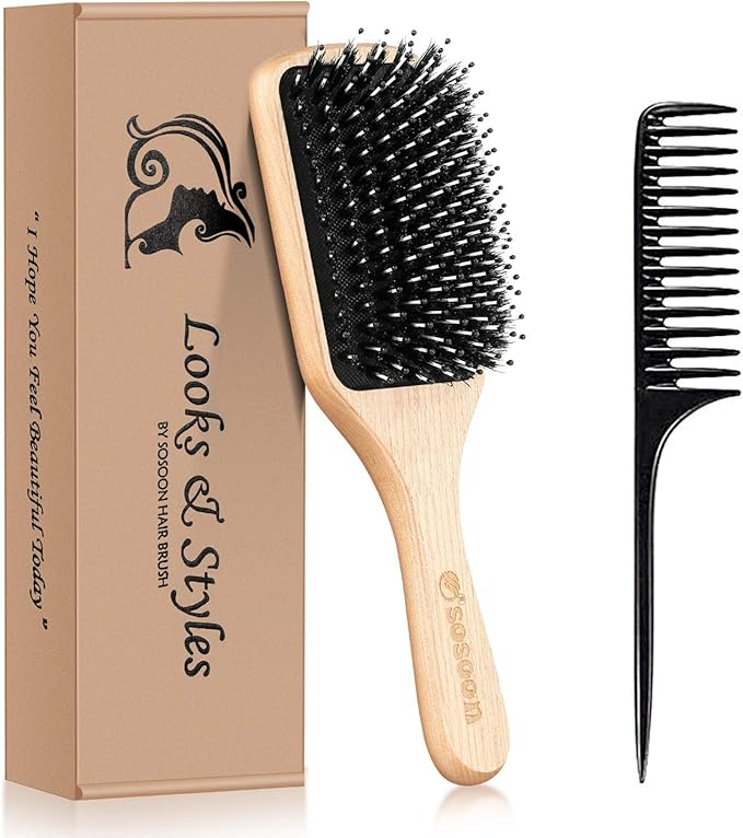 Sosoon Hair Brush Sosoon Boar Bristle Paddle Hairbrush for Long Thick Curly Wavy Dry or Damaged Hair Reducing Hair Breakage and Frizzy No More Tangle Giftbox Hair Comb Included - Image 1