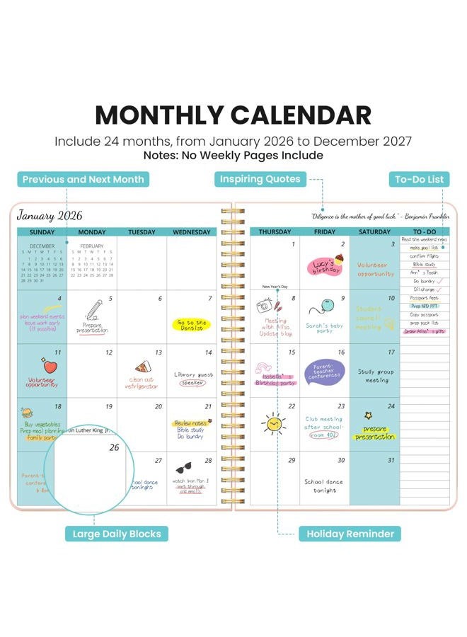 Taja Monthly Planner 2026-2027, 2 Year Months Calendar Planner 2026-2027, Runs from January 2026 - Decembe 2027, 7" x 10", 24 Months, Perfect for School Office Home Planning - Pink - Image 2