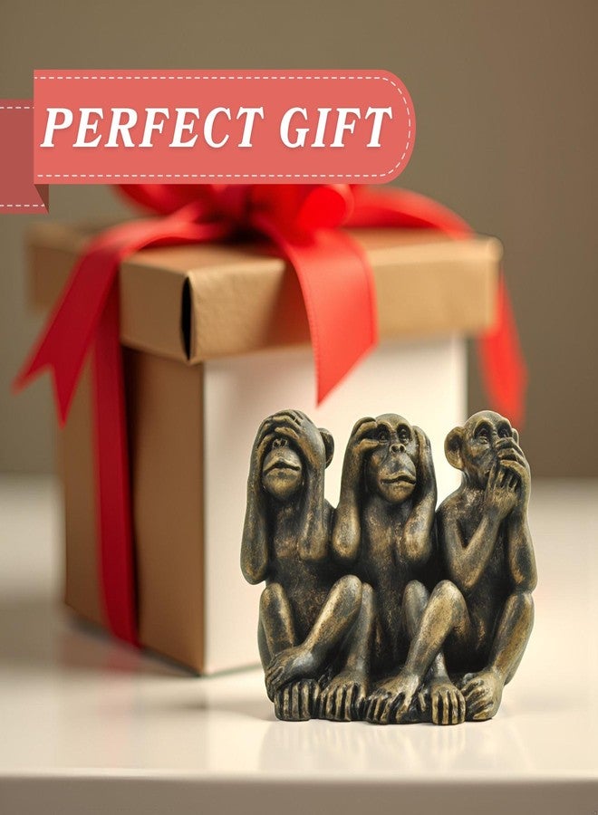 PlentifulHome 3 Wise Monkeys Statue - Hear No Evil, See No Evil, Speak No Evil Resin Figurine with Antique Bronze Finish - Office Desk Decor, Home Accents & Men's Gifts (2.95" Compact Design) - Image 4