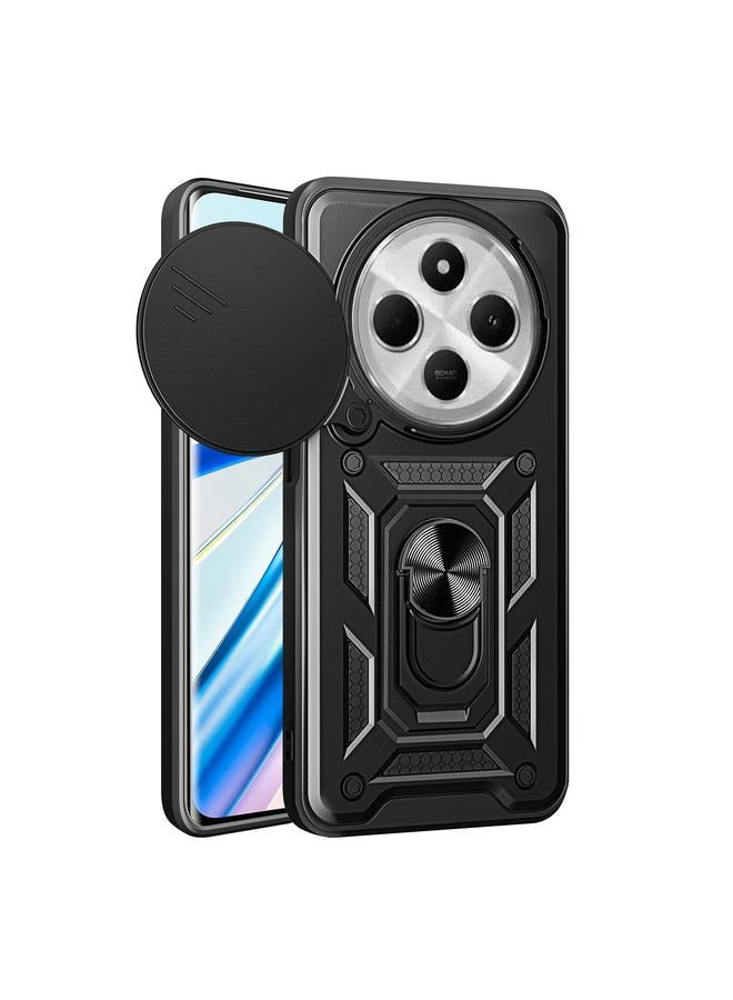 جراب هاتف هجين من مادة TPU لهاتف Xiaomi Redmi 14R / 14C / Poco C75 بتصميم كاميرا منزلقة (أسود)