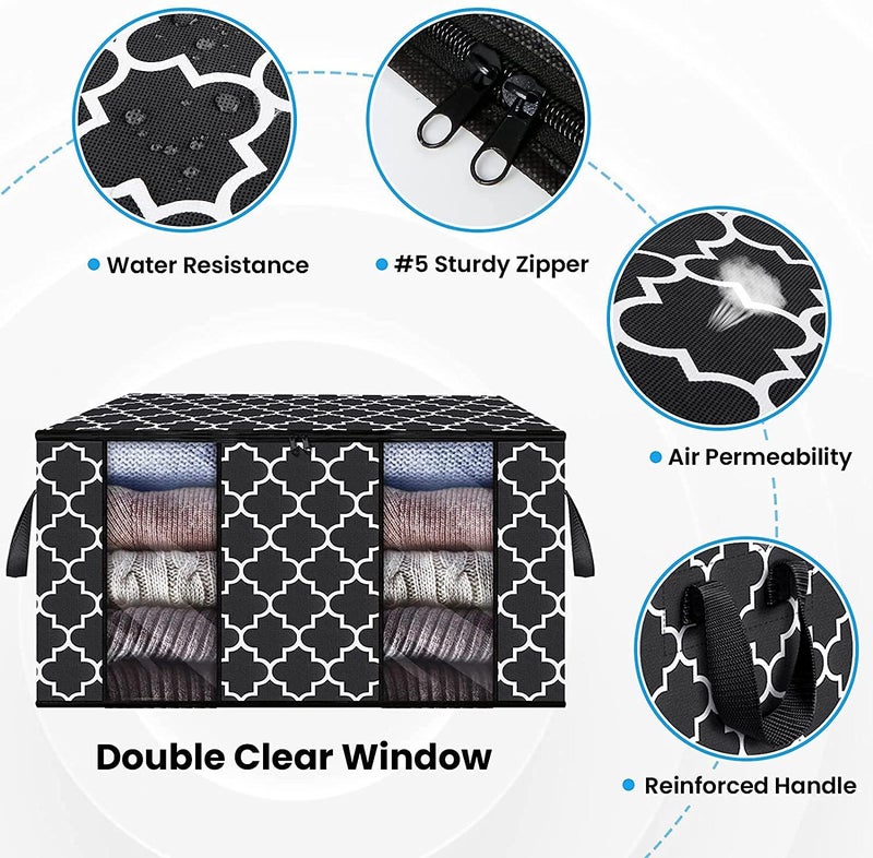 LYSIREN 100L Large Blanket Clothes Organization and Storage Containers for Bedding Comforters Foldable Organizer with Reinforced Handle Clear Window Sturdy Zippers Black Pack of 1 - Image 3