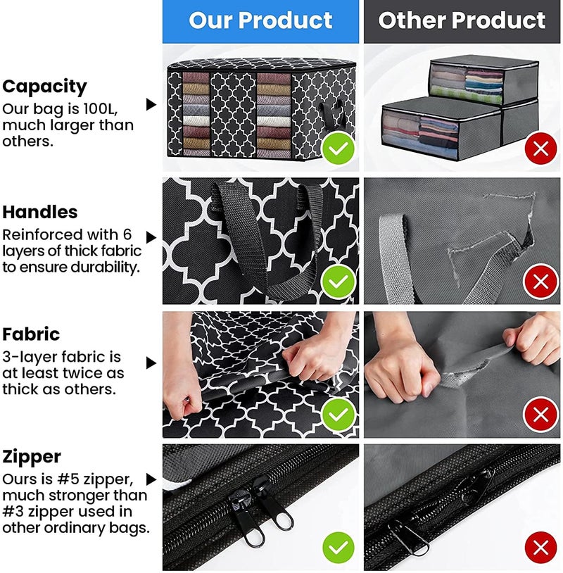 LYSIREN 100L Large Blanket Clothes Organization and Storage Containers for Bedding Comforters Foldable Organizer with Reinforced Handle Clear Window Sturdy Zippers Black Pack of 1 - Image 5