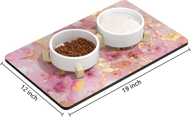 Rnivvi Dog Food Mat, 12" x 19" Absorbent Dog Cat Bowl Mat for Food and Water, Cute Anti-Slip Rubber Pet Feeding Rug Protect Floors, Puppy Placemat for Feeding & Watering Supplies, Pink Gold - Image 2