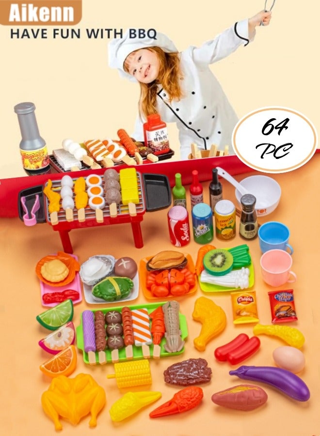 Aikenn 64 Pcs Kitchen Toy Set,Bbq Play Grill, Cooking Toy Set,Little Chef Play,Kids Grill Playset Interactive Bbq For Kids,Cooking Food Role Play Educational Play House Toys,Learning Toys For Boys Girls Toddlers - Image 1