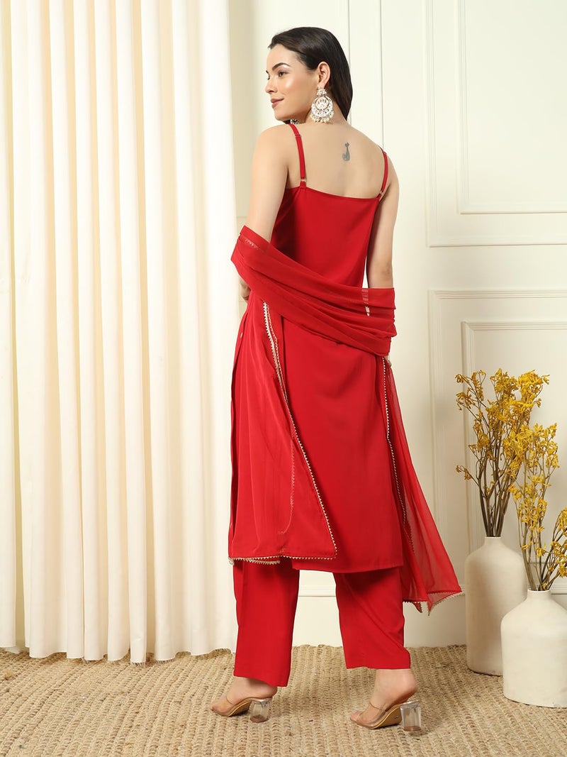 FIORRA Women's Red Crepe Kurta and Palazzo Set with Matching Dupatta - Image 2