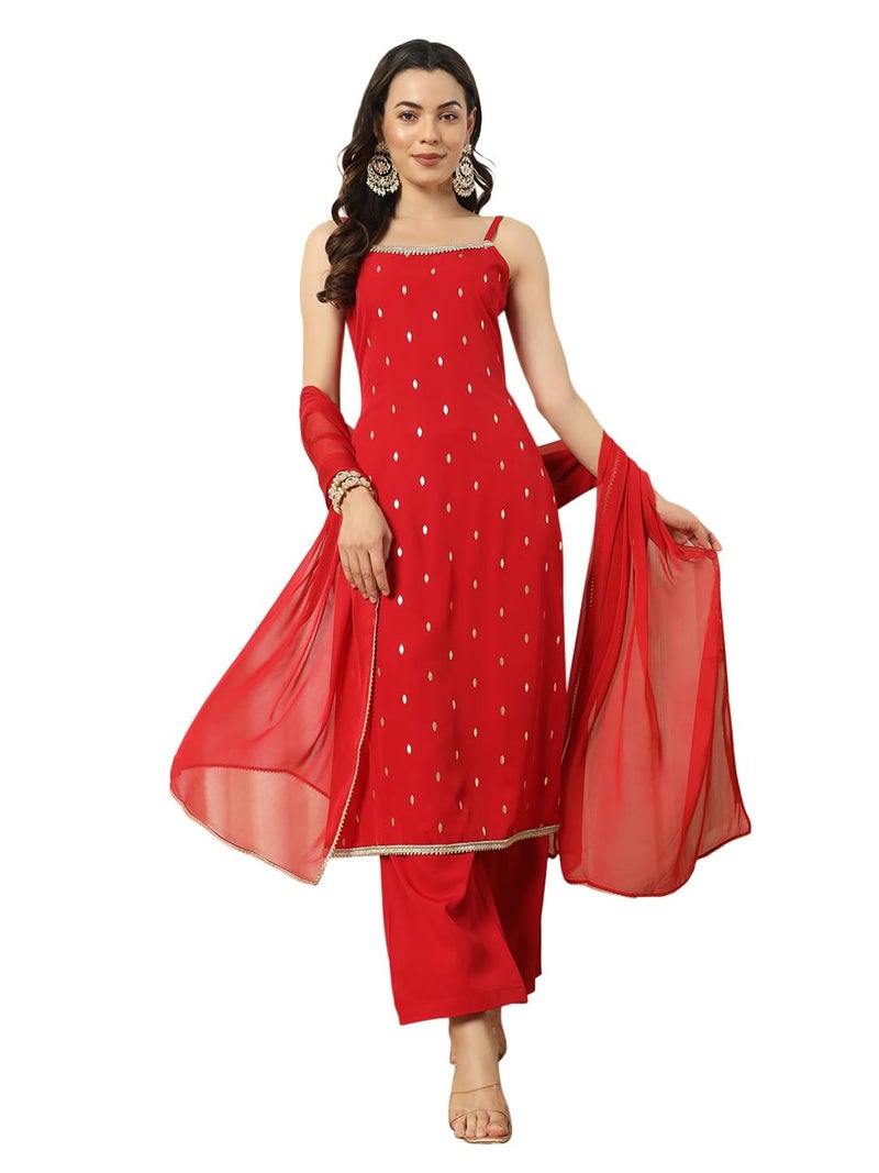 FIORRA Women's Red Crepe Kurta and Palazzo Set with Matching Dupatta - Image 1