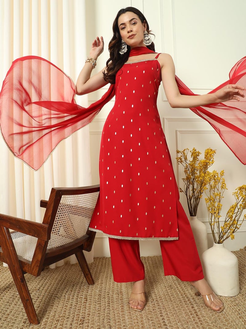 FIORRA Women's Red Crepe Kurta and Palazzo Set with Matching Dupatta - Image 3