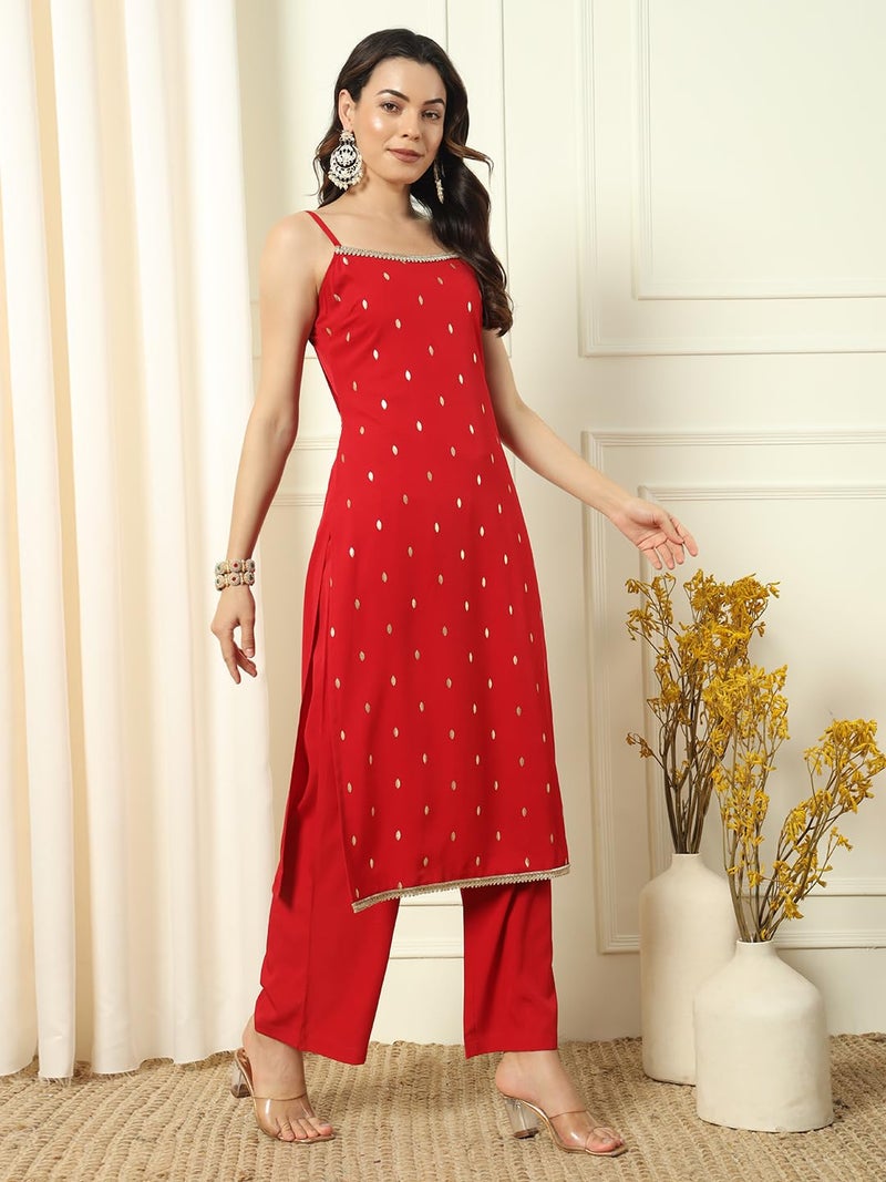FIORRA Women's Red Crepe Kurta and Palazzo Set with Matching Dupatta - Image 4