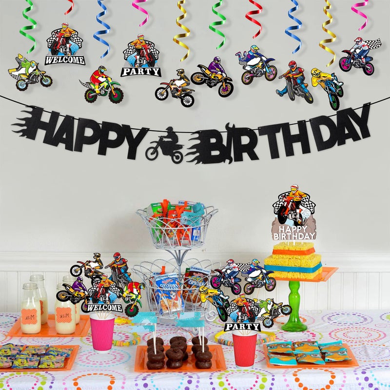 ANGOLIO 42Pcs Motocross Party Decorations Kit - Dirt Bike Theme Birthday Supplies with Banner, Cake Topper, Hanging Swirls, Centerpieces for Adult Men & Boys Gift - Image 4