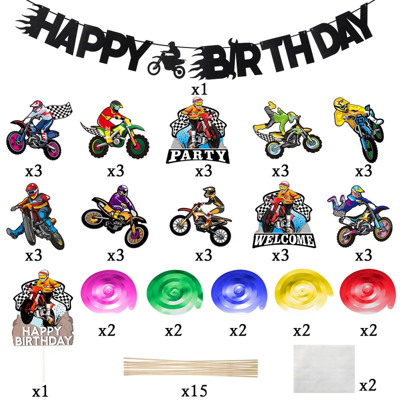 ANGOLIO 42Pcs Motocross Party Decorations Kit - Dirt Bike Theme Birthday Supplies with Banner, Cake Topper, Hanging Swirls, Centerpieces for Adult Men & Boys Gift - Image 2