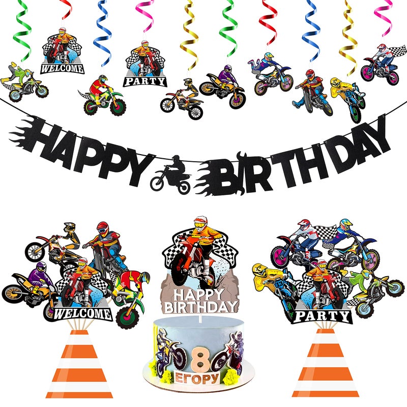 ANGOLIO 42Pcs Motocross Party Decorations Kit - Dirt Bike Theme Birthday Supplies with Banner, Cake Topper, Hanging Swirls, Centerpieces for Adult Men & Boys Gift - Image 1