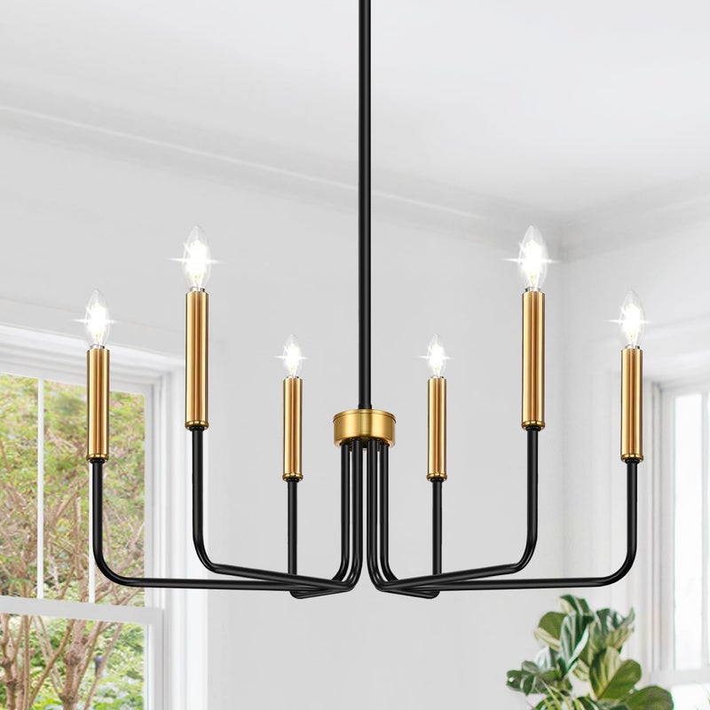 Lynnoland Black and Gold Chandelier, 6-Light Farmhouse Chandelier for Dining Room Lighting Fixtures Hanging, Dining Light Fixtures Industrial Modern Light Fixture for Bedroom, Foyer, Living Room and Entryway - Image 1
