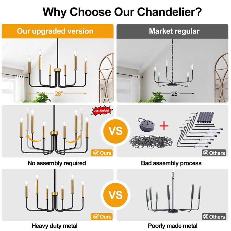 Lynnoland Black and Gold Chandelier, 6-Light Farmhouse Chandelier for Dining Room Lighting Fixtures Hanging, Dining Light Fixtures Industrial Modern Light Fixture for Bedroom, Foyer, Living Room and Entryway - Image 5