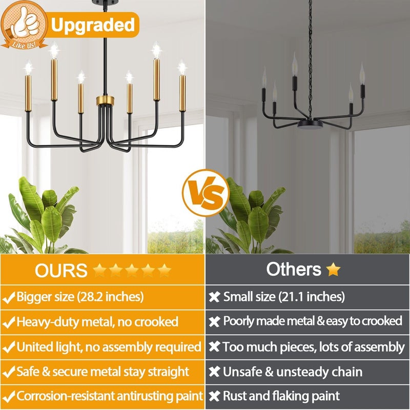 Lynnoland Black and Gold Chandelier, 6-Light Farmhouse Chandelier for Dining Room Lighting Fixtures Hanging, Dining Light Fixtures Industrial Modern Light Fixture for Bedroom, Foyer, Living Room and Entryway - Image 2
