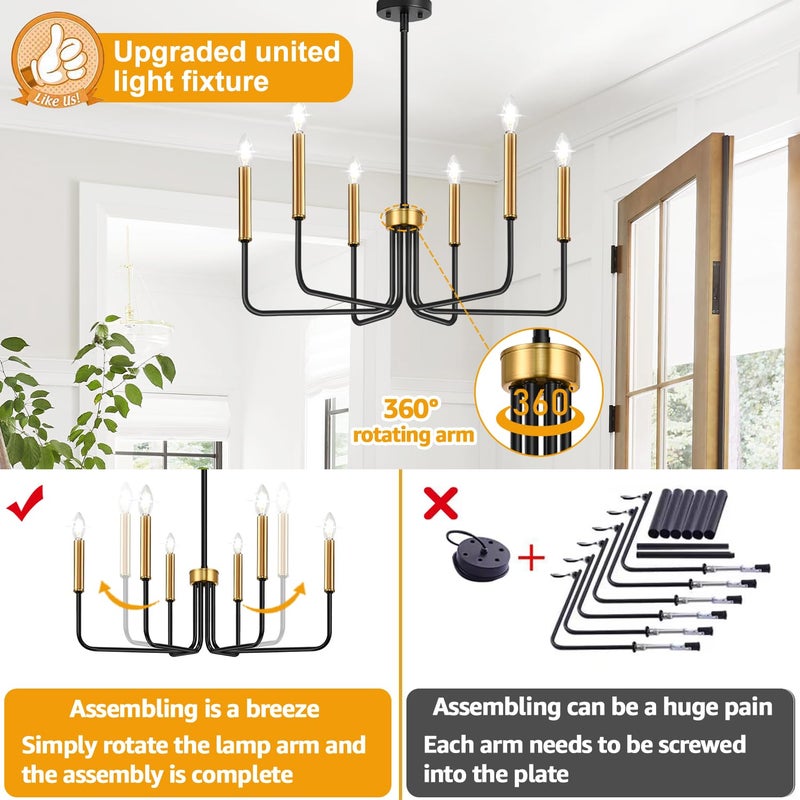 Lynnoland Black and Gold Chandelier, 6-Light Farmhouse Chandelier for Dining Room Lighting Fixtures Hanging, Dining Light Fixtures Industrial Modern Light Fixture for Bedroom, Foyer, Living Room and Entryway - Image 3