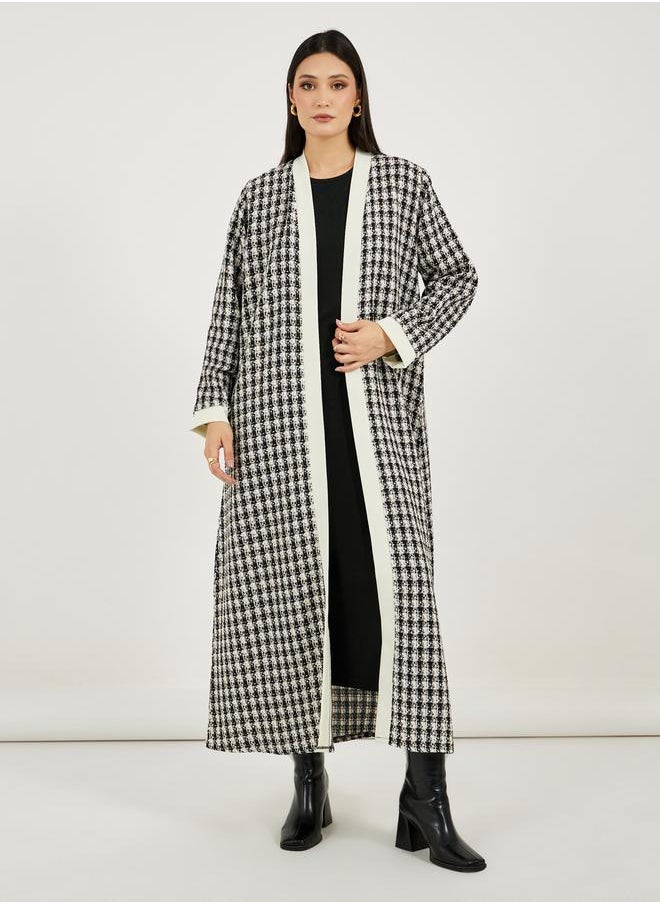Styli - Front Open Tweed Abaya with Contrast Cuff - Image 1